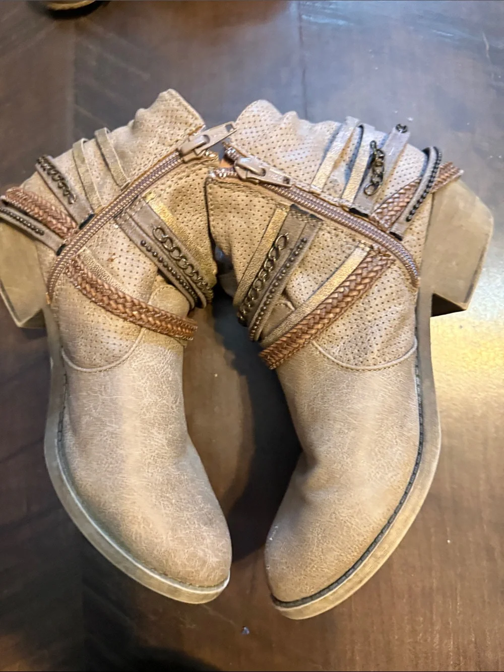 SO Tan Ankle Booties with Braided & Chain Straps